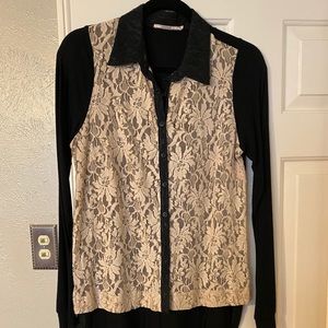 Language long sleeve lace button up blouse. Size M